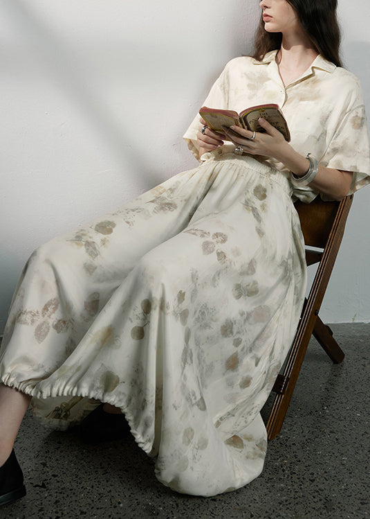 Unique Beige Print Drawstring Tops And Skirts Cotton Two Pieces Set Summer