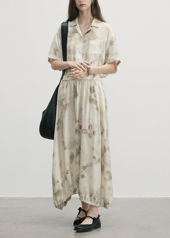 Unique Beige Print Drawstring Tops And Skirts Cotton Two Pieces Set Summer