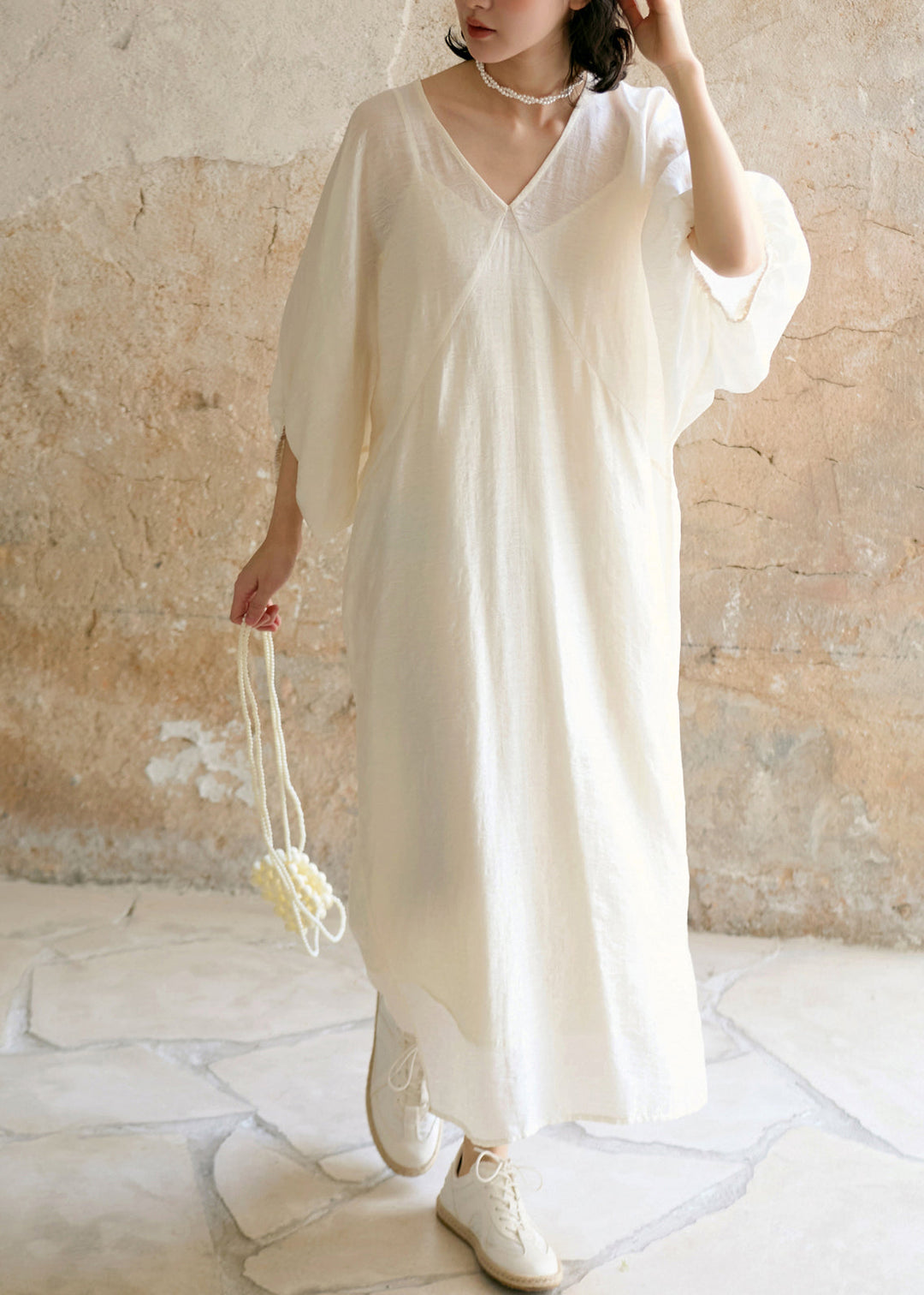 Unique Beige V Neck Cotton Two Pieces Set Summer