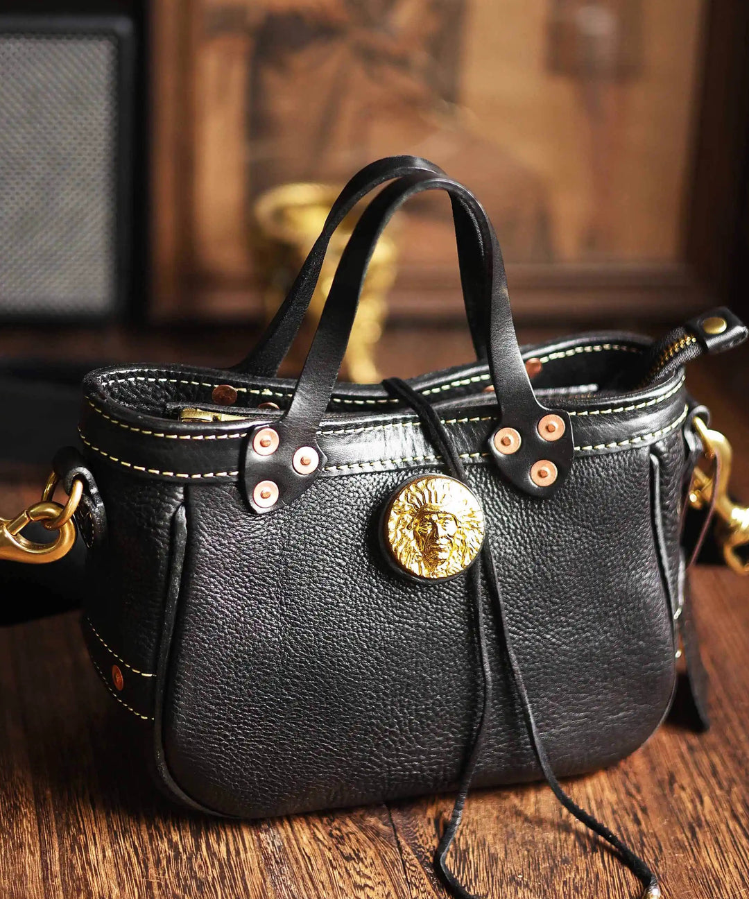 Unique Black Solid Durable Leather Women Tote Handbag