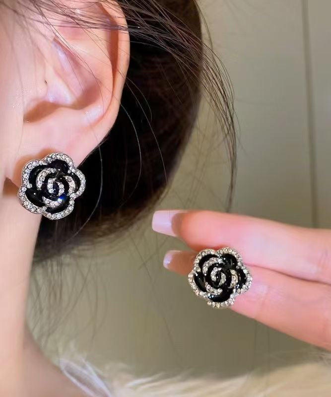 Unique Black Srerling Silver Overgild Zircon Floral Stud Earrings