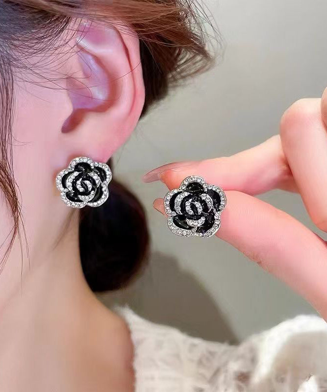 Unique Black Srerling Silver Overgild Zircon Floral Stud Earrings