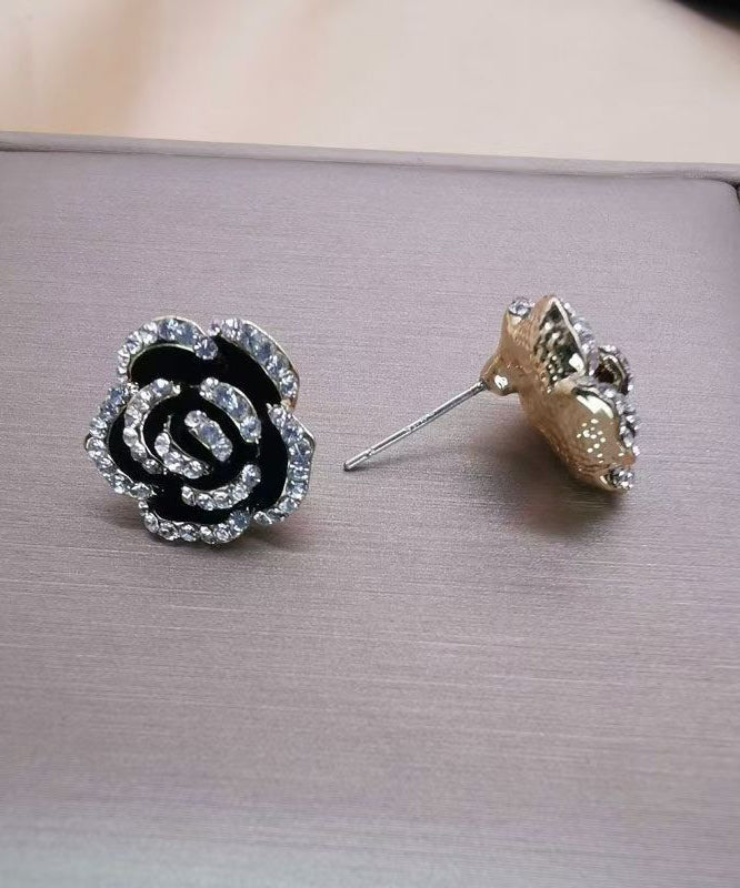 Unique Black Srerling Silver Overgild Zircon Floral Stud Earrings