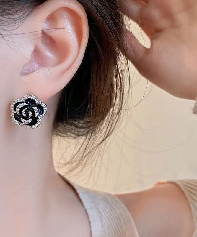 Unique Black Srerling Silver Overgild Zircon Floral Stud Earrings
