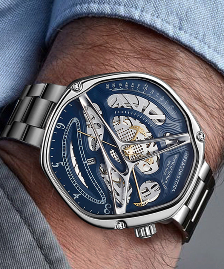 Unique Blue Stainless Steel Fully Automatic Mechanical Hollow Out Watch