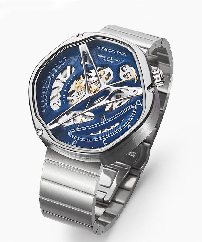 Unique Blue Stainless Steel Fully Automatic Mechanical Hollow Out Watch