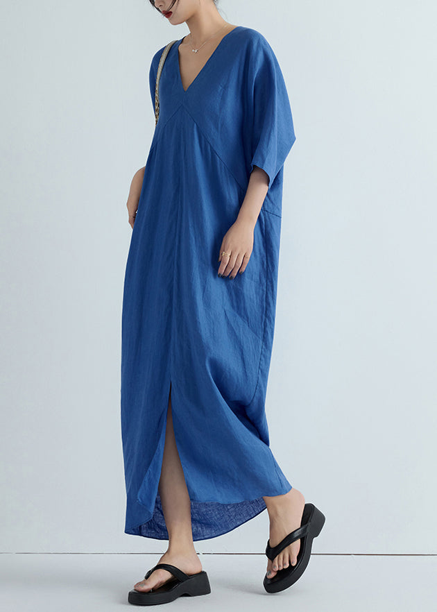 Unique Blue V Neck Front Open Patchwork Linen Long Dresses Summer