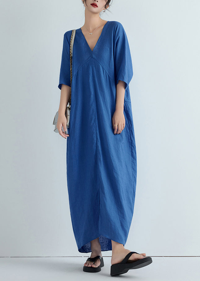 Unique Blue V Neck Front Open Patchwork Linen Long Dresses Summer