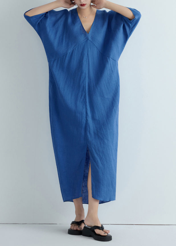 Unique Blue V Neck Front Open Patchwork Linen Long Dresses Summer