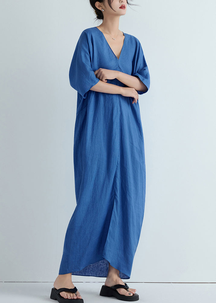 Unique Blue V Neck Front Open Patchwork Linen Long Dresses Summer