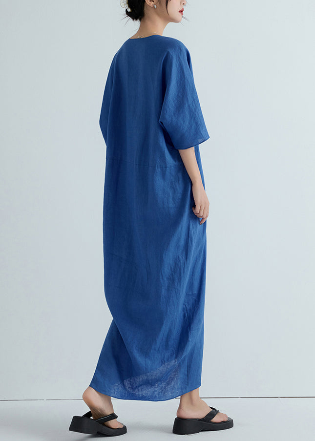 Unique Blue V Neck Front Open Patchwork Linen Long Dresses Summer