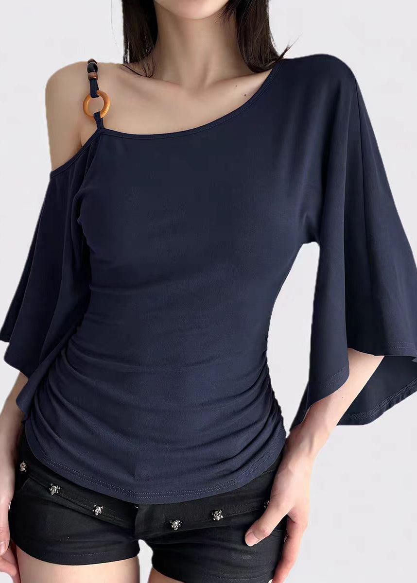 Unique Brown Cold Shoulder Cotton T Shirt Top Batwing Sleeve