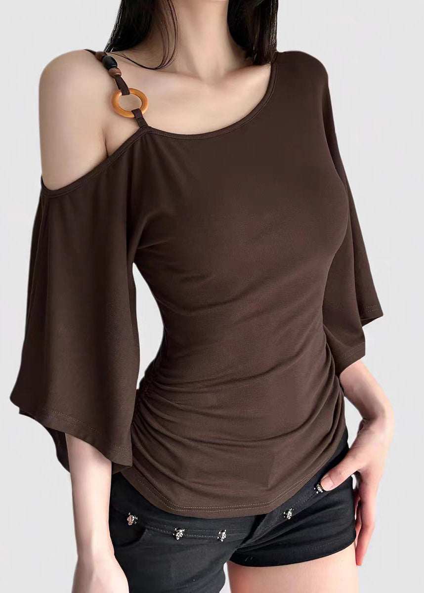 Unique Brown Cold Shoulder Cotton T Shirt Top Batwing Sleeve