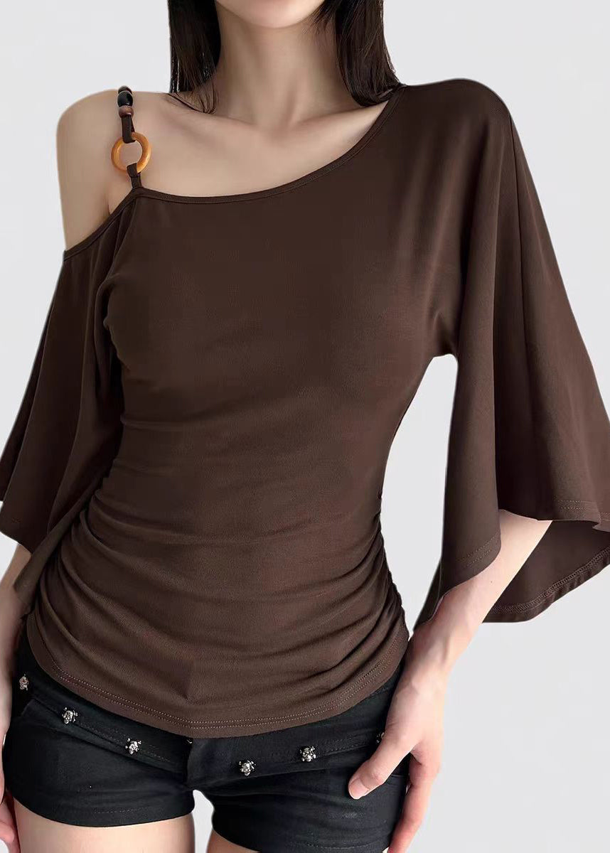 Unique Brown Cold Shoulder Cotton T Shirt Top Batwing Sleeve