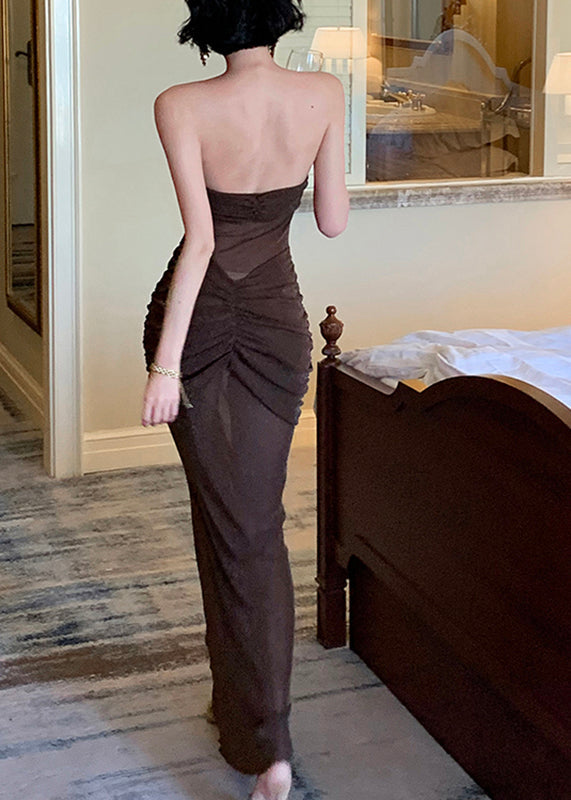 Unique Brown Cold Shoulder Sheer Wrinkled Silk Maxi Dress Sleeveless