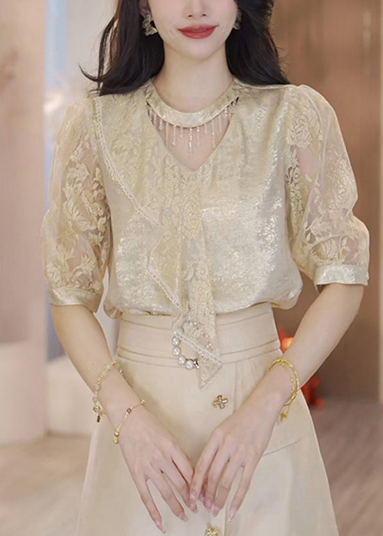 Unique Champagne Ruffled Patchwork Jacquard Silk Blouse Tops Summer