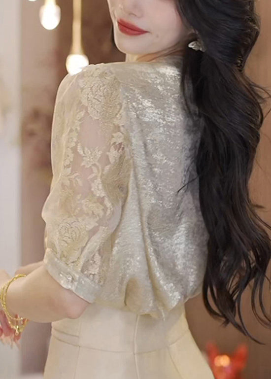 Unique Champagne Ruffled Patchwork Jacquard Silk Blouse Tops Summer