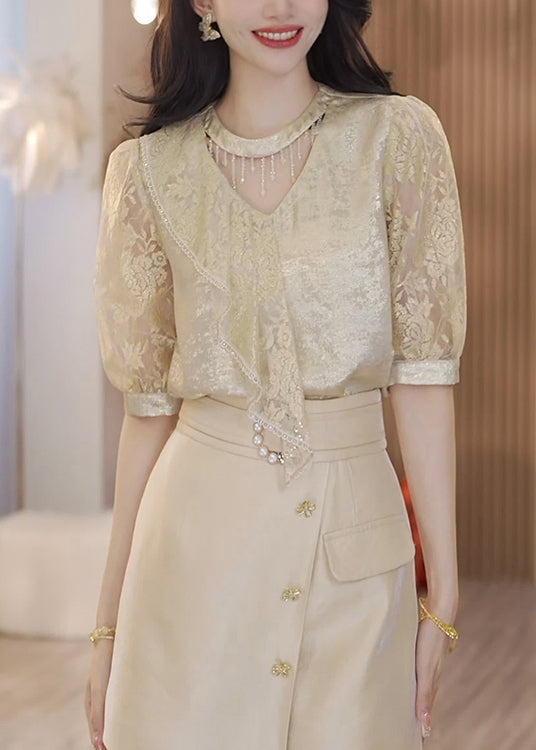 Unique Champagne Ruffled Patchwork Jacquard Silk Blouse Tops Summer