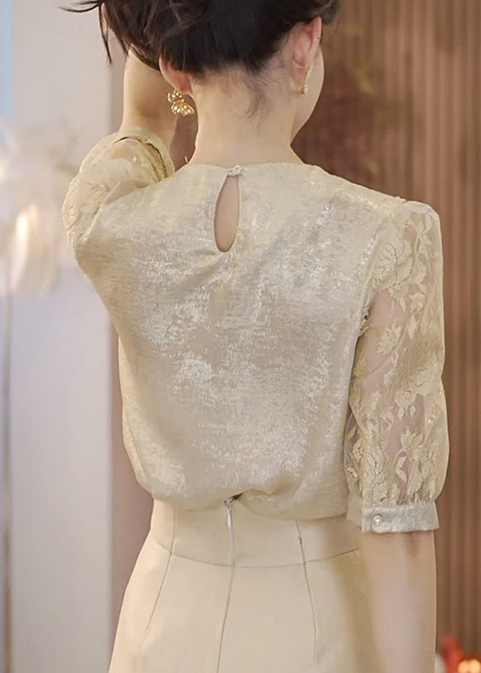 Unique Champagne Ruffled Patchwork Jacquard Silk Blouse Tops Summer