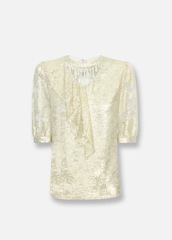 Unique Champagne Ruffled Patchwork Jacquard Silk Blouse Tops Summer