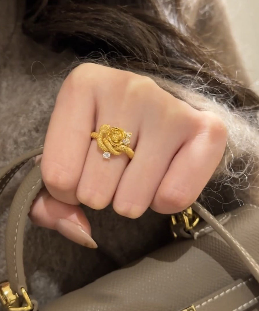 Unique Gold Sterling Silver Overgild Zircon Rose And Snake Rings