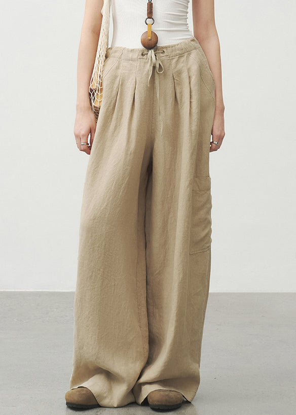 Unique Khaki Pockets Drawstring Lace Up Linen Pants Summer