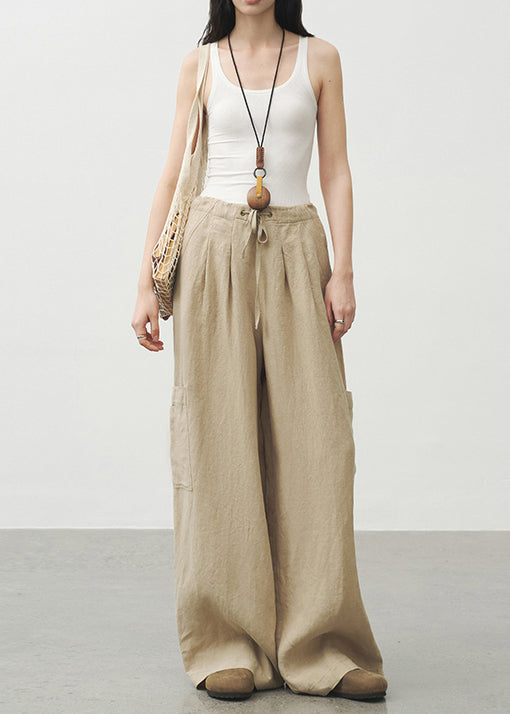 Unique Khaki Pockets Drawstring Lace Up Linen Pants Summer
