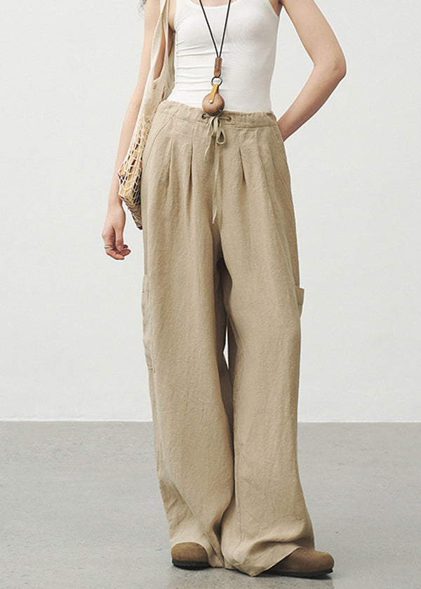 Unique Khaki Pockets Drawstring Lace Up Linen Pants Summer