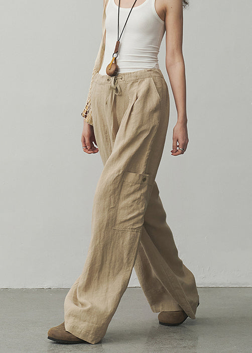 Unique Khaki Pockets Drawstring Lace Up Linen Pants Summer