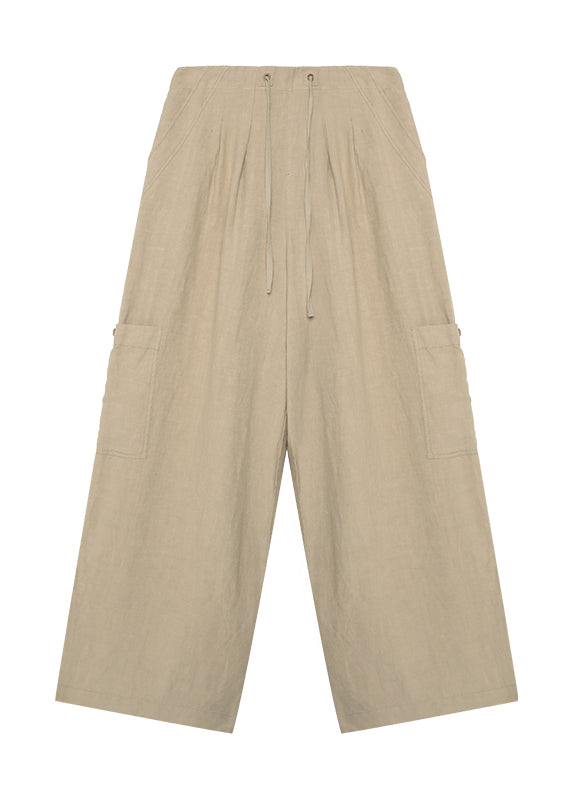 Unique Khaki Pockets Drawstring Lace Up Linen Pants Summer