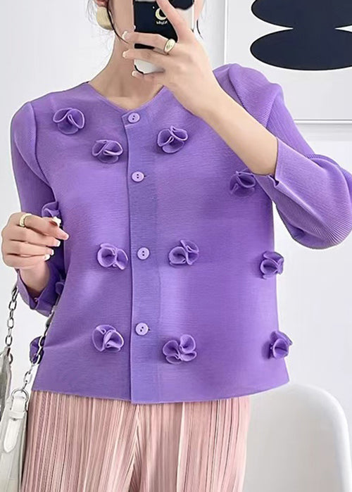 Unique Purple O Neck Floral Wrinkled Silk Top Fall