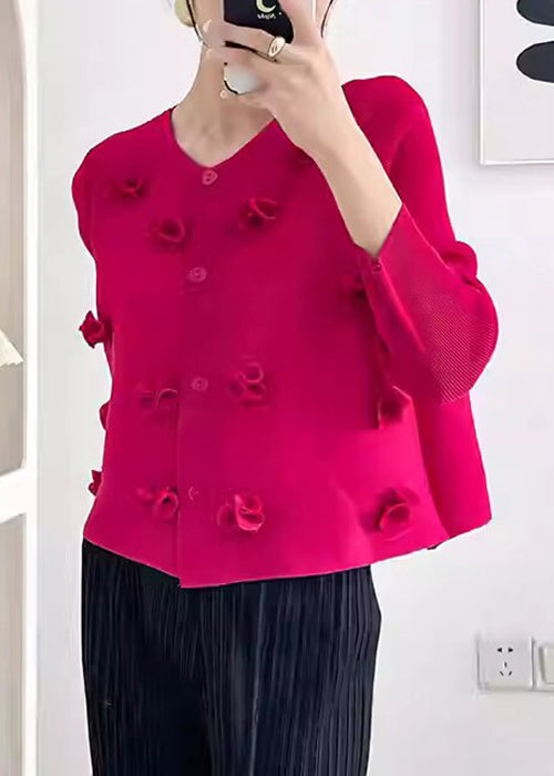 Unique Purple O Neck Floral Wrinkled Silk Top Fall