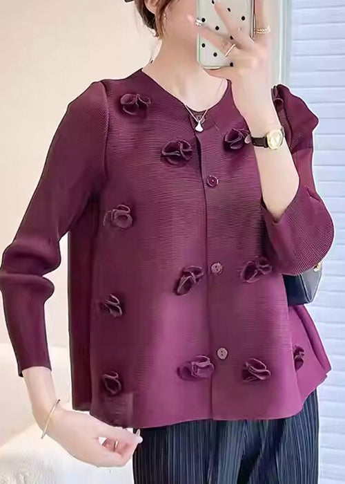 Unique Purple O Neck Floral Wrinkled Silk Top Fall