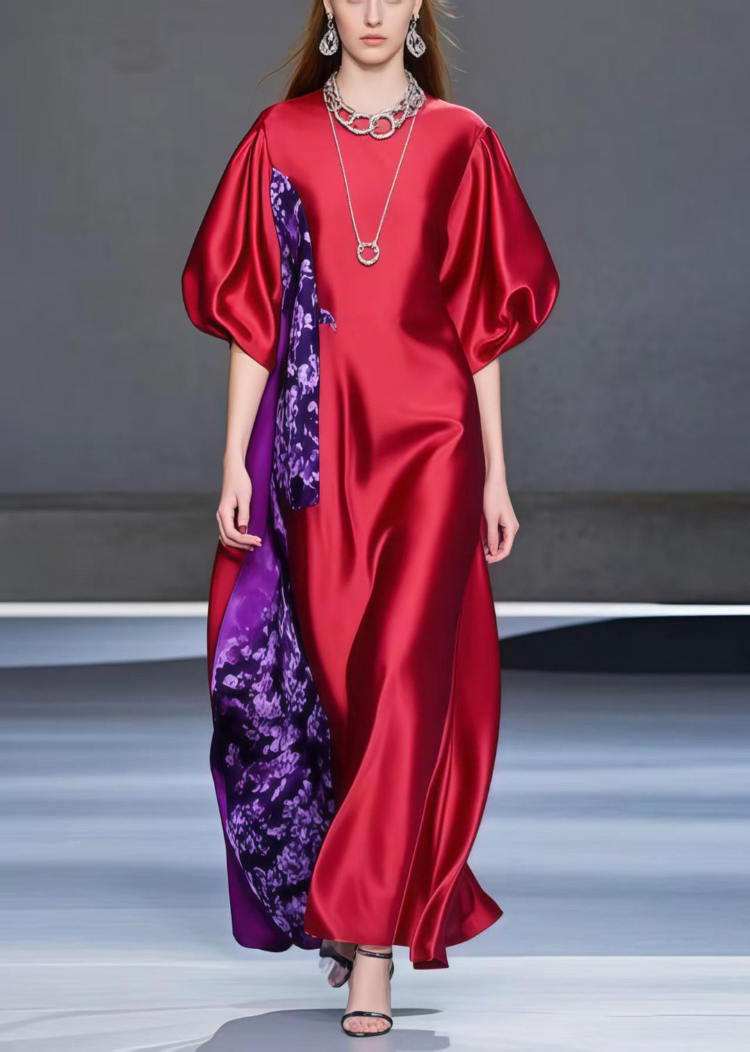 Unique Red Puff Sleeve Patchwork Silk Party Dress Summer