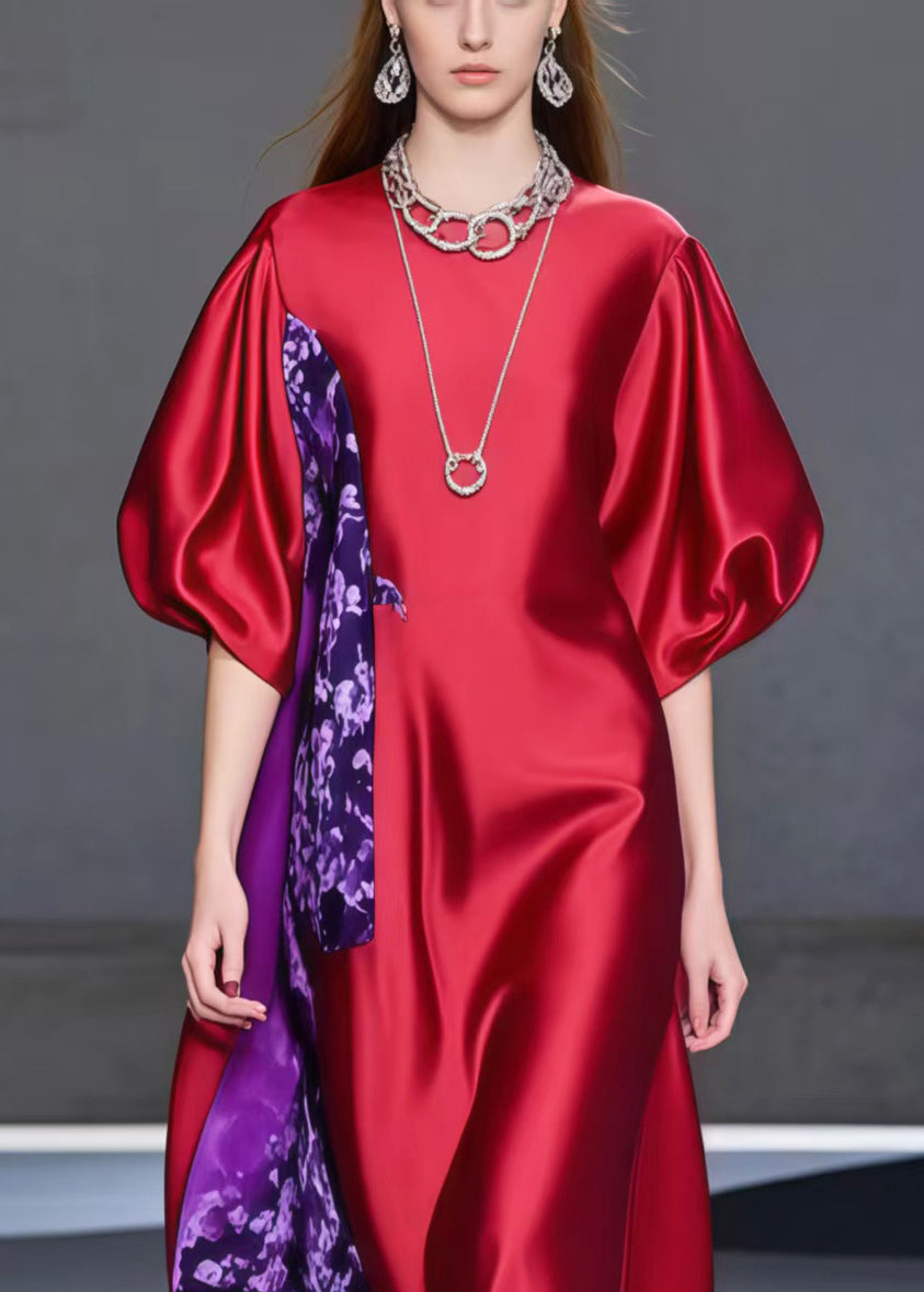 Unique Red Puff Sleeve Patchwork Silk Party Dress Summer