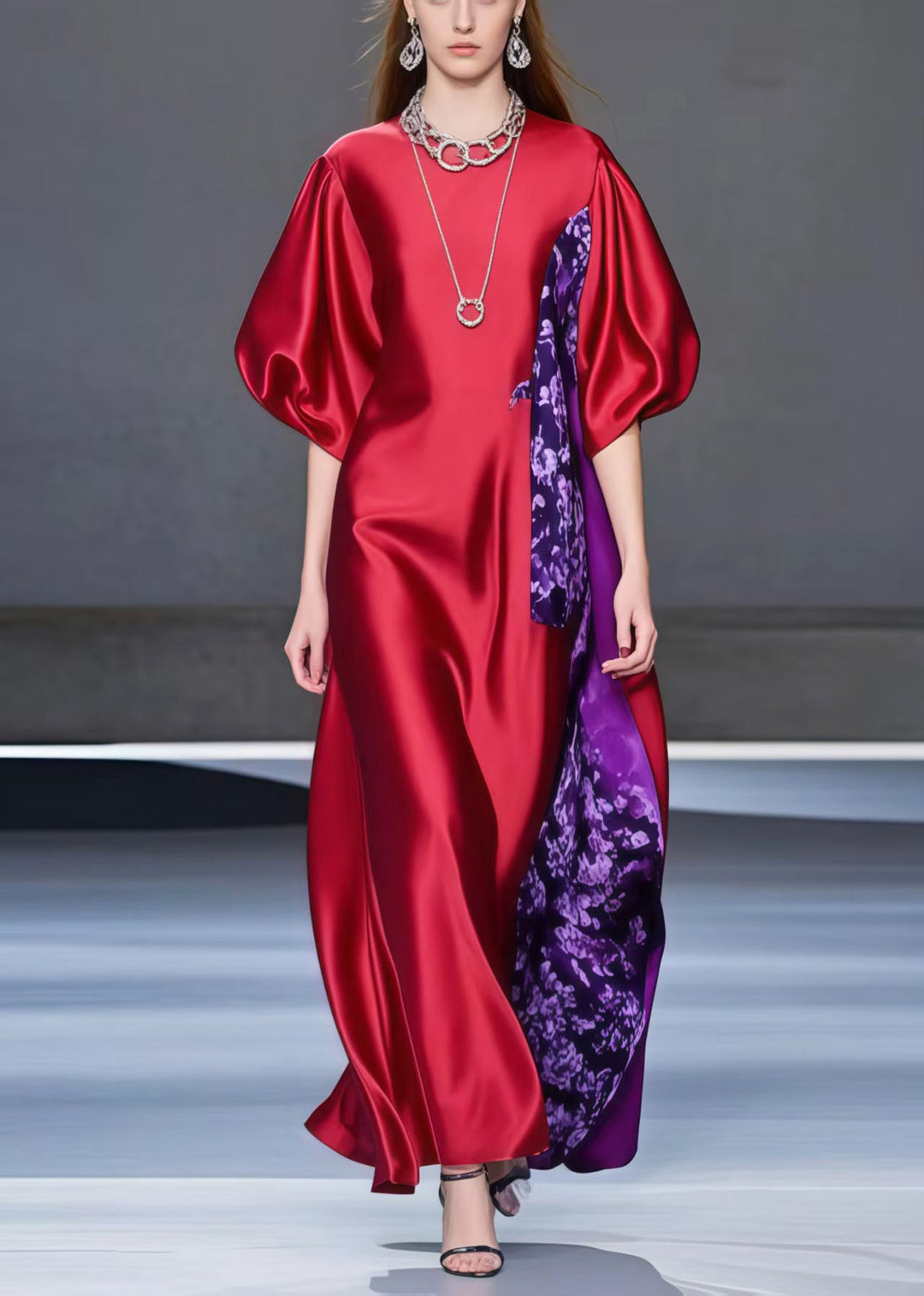 Unique Red Puff Sleeve Patchwork Silk Party Dress Summer