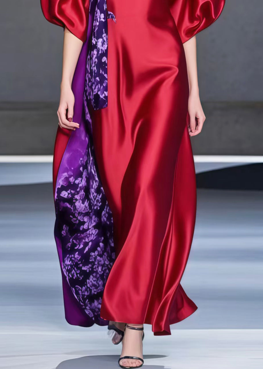 Unique Red Puff Sleeve Patchwork Silk Party Dress Summer