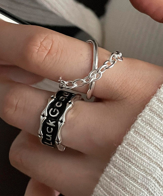 Unique Silk Sterling Silver Graphic Patchwork Rings Two-Piece Set