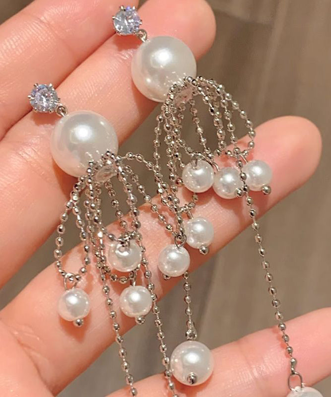 Unique Silk Sterling Silver Pearl Tassel Drop Earrings