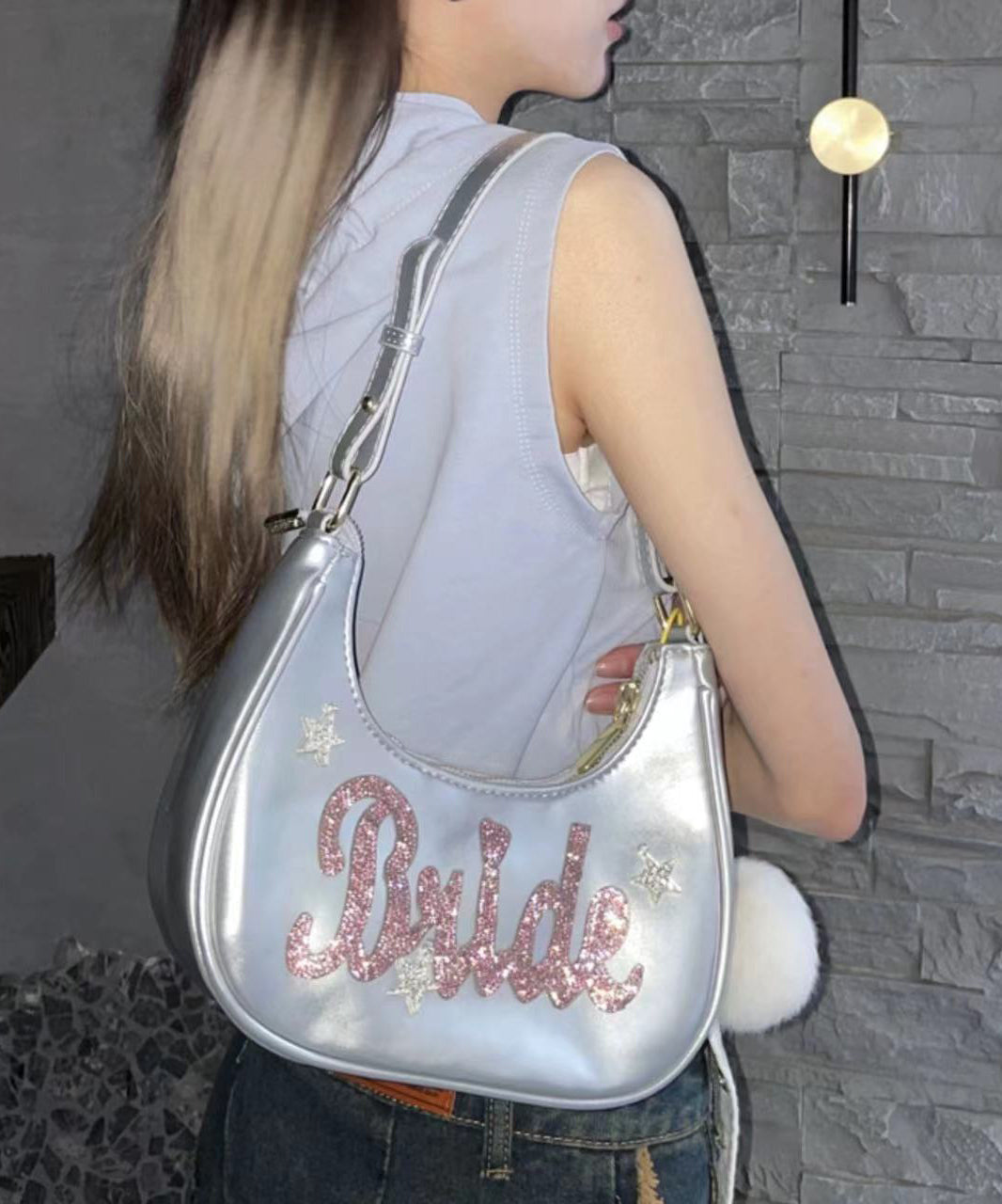Unique Silvery Rhinestone Letter Faux Leather Hobo Bag