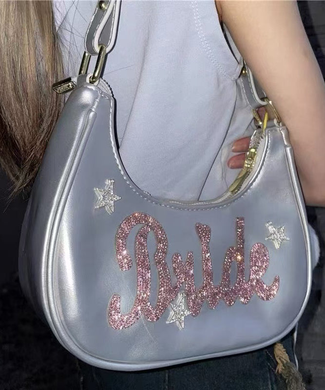 Unique Silvery Rhinestone Letter Faux Leather Hobo Bag