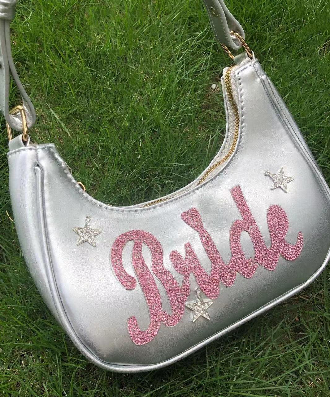 Unique Silvery Rhinestone Letter Faux Leather Hobo Bag