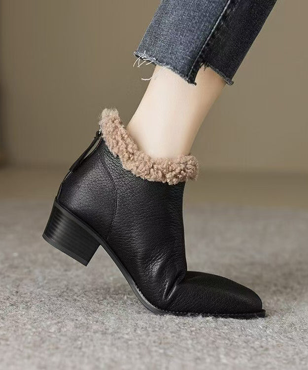 Unique Splicing Chunky Boots Black Sheepskin Fuzzy Wool Lined