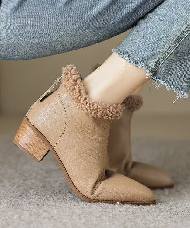 Unique Splicing Chunky Boots Black Sheepskin Fuzzy Wool Lined