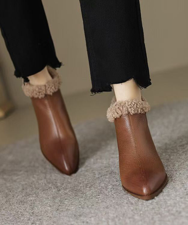 Unique Splicing Chunky Boots Black Sheepskin Fuzzy Wool Lined