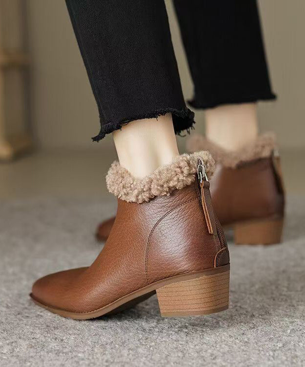 Unique Splicing Chunky Boots Black Sheepskin Fuzzy Wool Lined