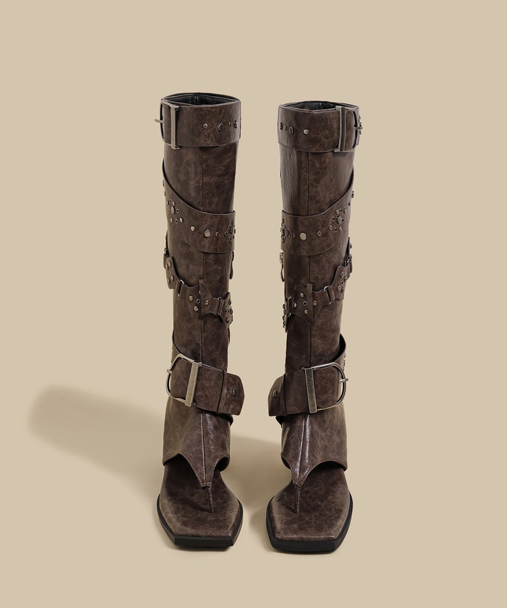 Unique Splicing Chunky Flip Flops Boots Black Faux Leather Rivet