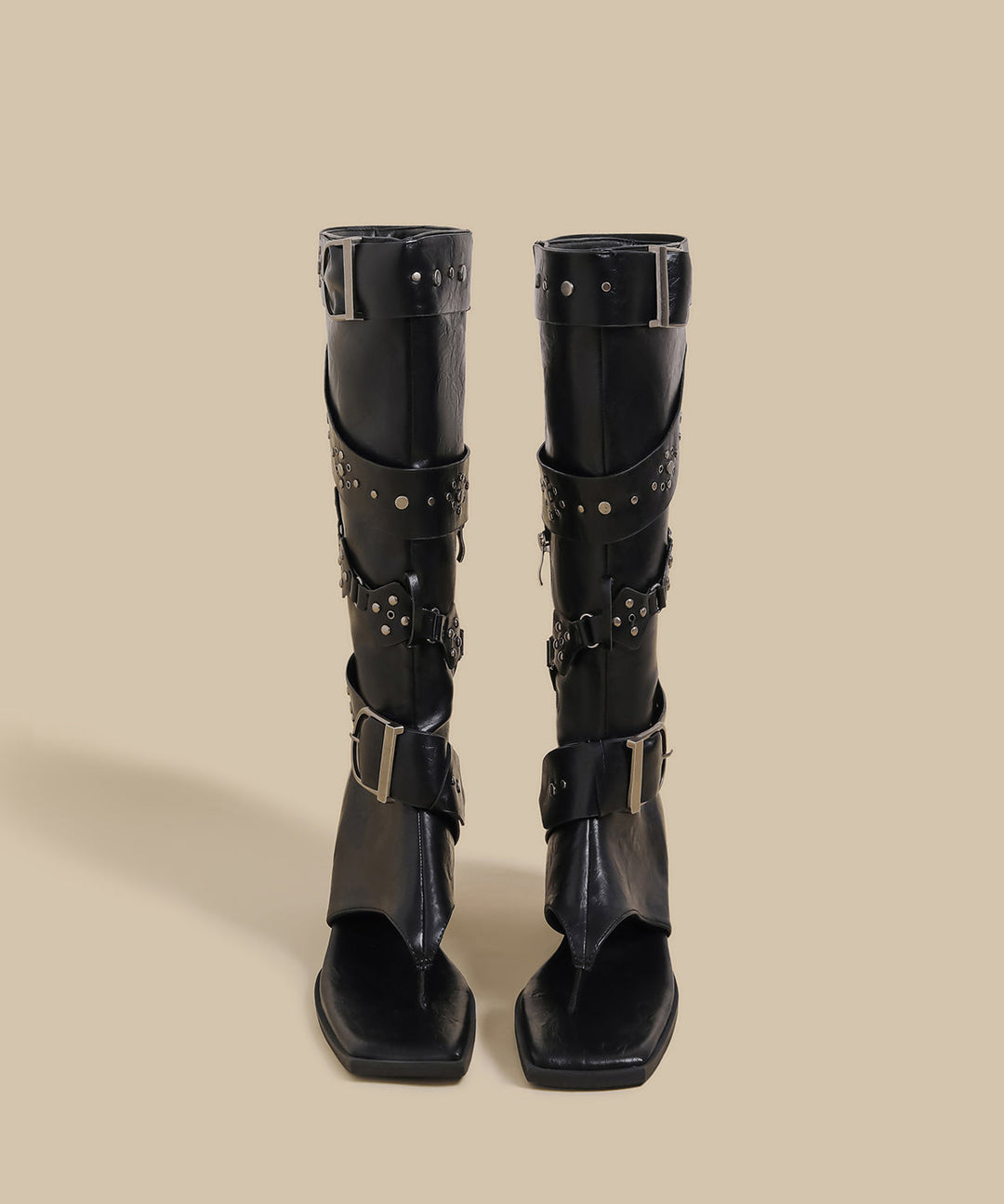 Unique Splicing Chunky Flip Flops Boots Black Faux Leather Rivet