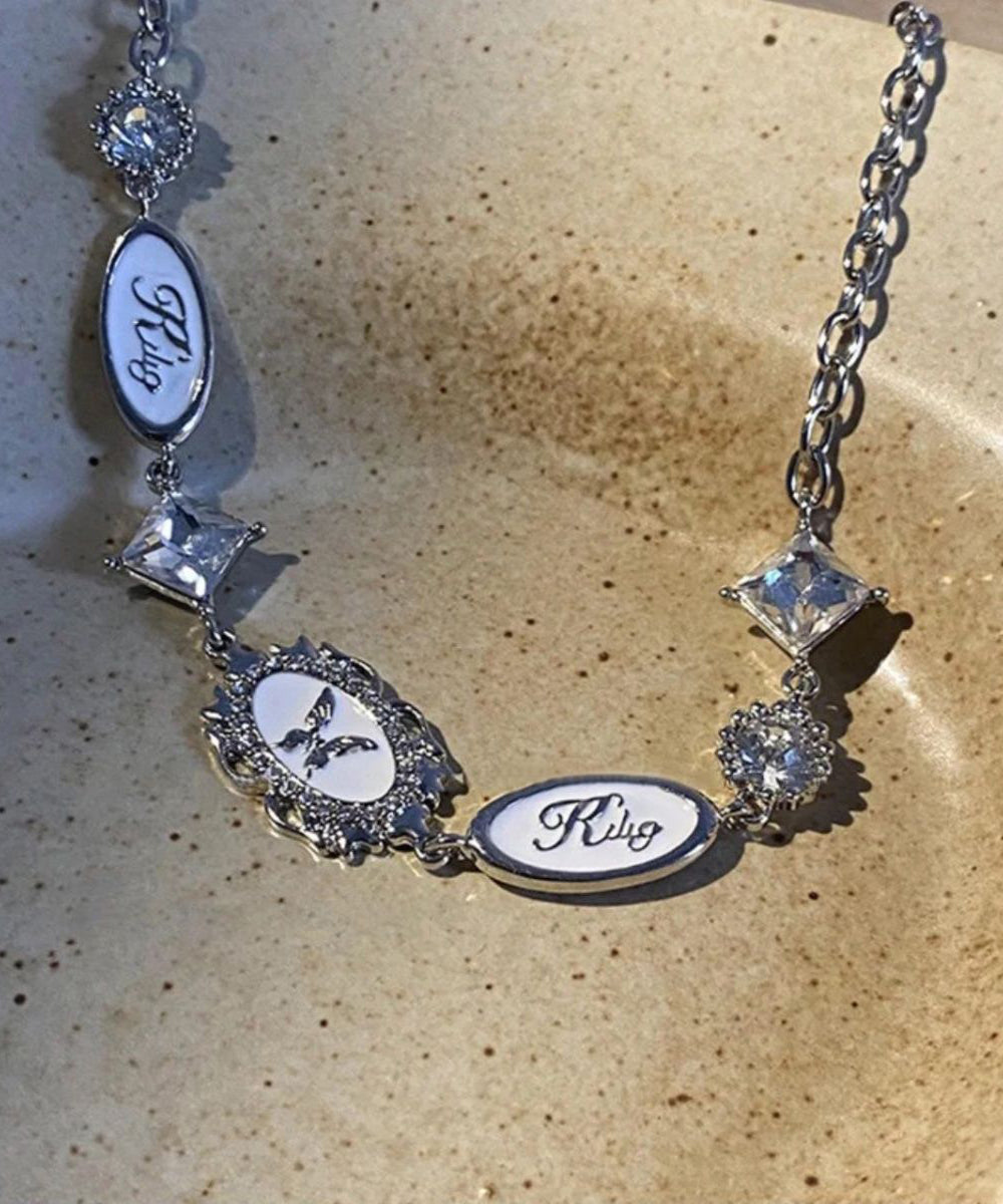 Unique White Alloy Zircon Drip Glaze Butterfly Collar Necklace