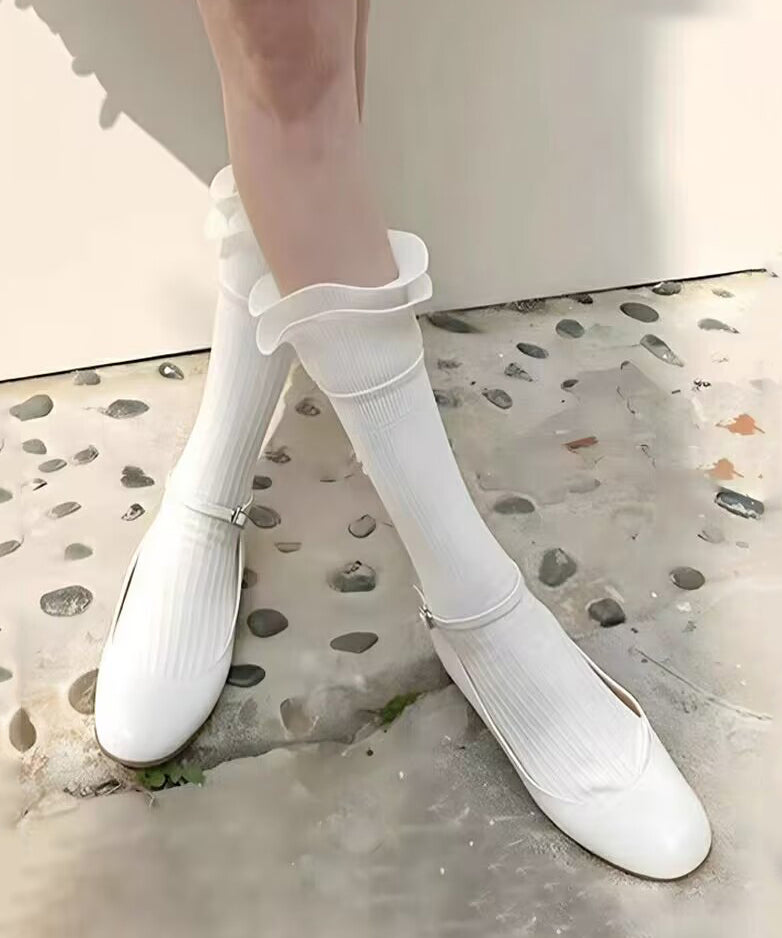 Unique White Ruffles Patchwork Spandex Crew Socks